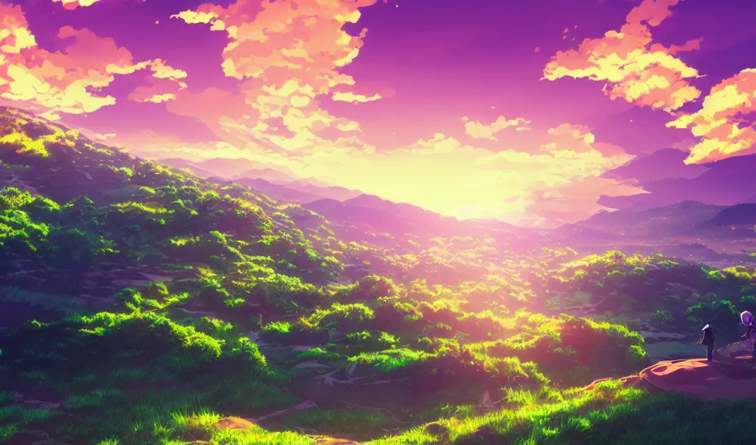 Image similar to very high quality illustration of green hills with clouds in the background, golden hour sunset, purple beautiful sky, anime key visual, official media, illustrated by wlop, extremely detailed, 8 k, trending on pixiv, cinematic lighting, beautiful