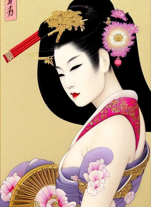 Prompt: glamorous and sexy Geisha portrait in an ancient japanese temple, beautiful pale makeup, pearlescent skin, seductive face, lacivious elegant pose, very detailed face, highly detailed kimono, photorealism, portrait by Magali Villeneuve and Steve Argyle,Livia Prima,Mucha,dress,fantasy art,beautiful,artstation,trending on artstation,intricate details,alluring,masterpiece