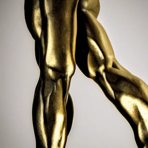 Image similar to stunning close up photograph of marble sculpture of strong masculine man's legs made of marble set on fine gold base, masculine texture background, 40mm lens, shallow depth of field, split lighting