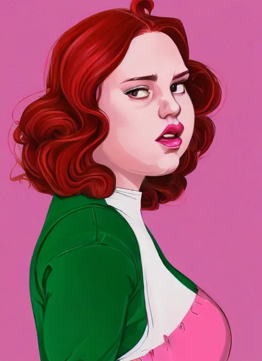 Image similar to full body portrait of teenage cheryl blossom, obese, bangs, green eyes, sultry, realistic, red hair, sultry smirk, wavy hair, pink skirt, fat, intricate, elegant, glowing lights, highly detailed, digital painting, artstation, concept art, smooth, sharp focus, illustration, art by wlop, mars ravelo and greg rutkowski