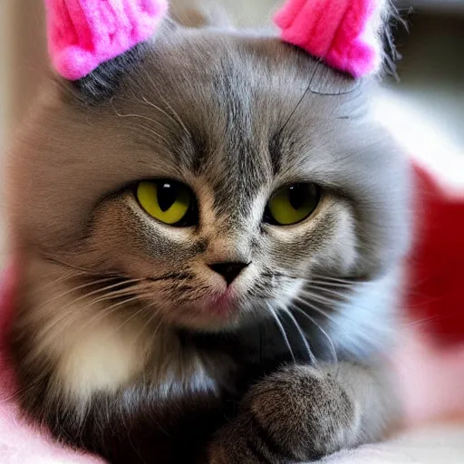 Image similar to cute cat photo licking tongue sticking out, wearing wool hat cat ears