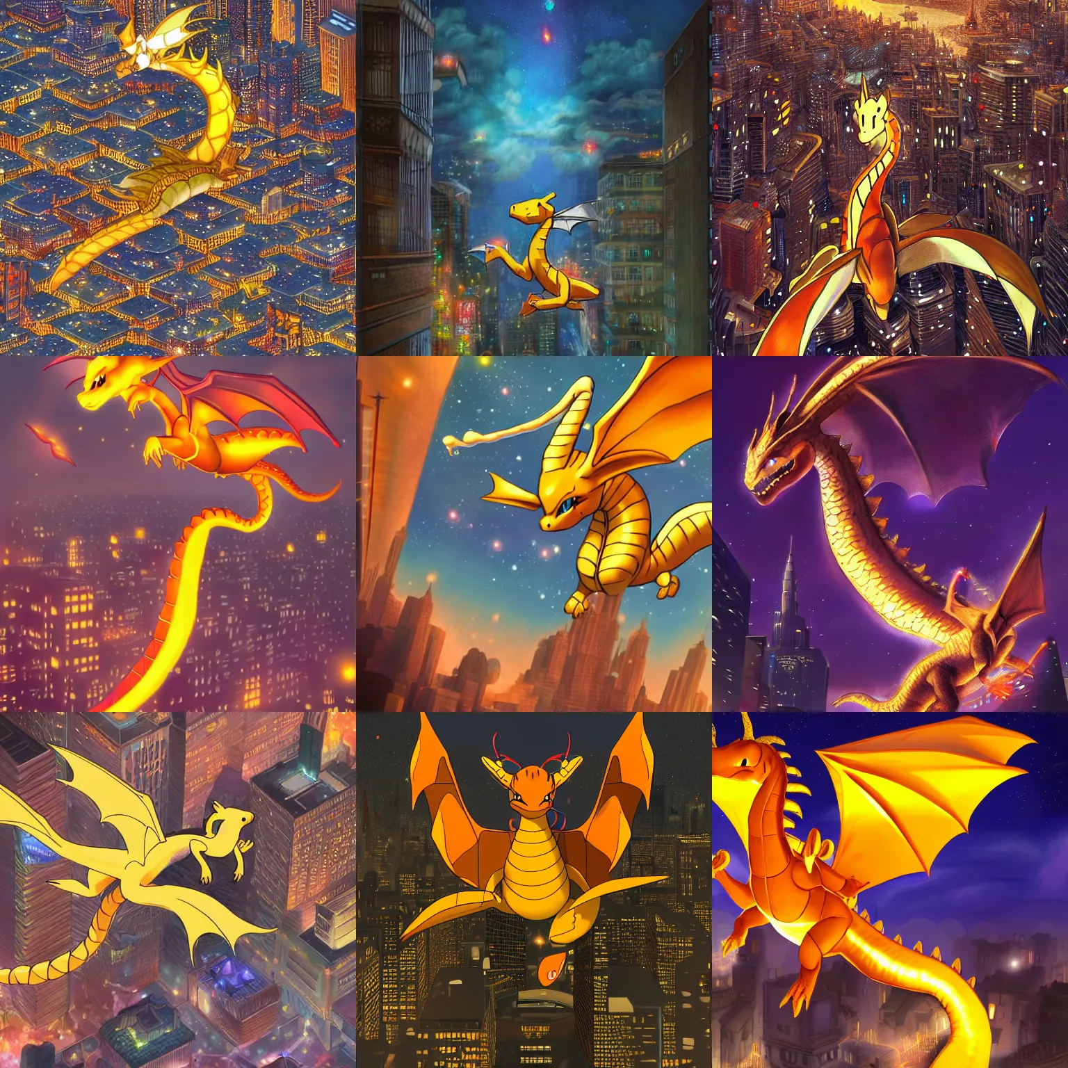 Prompt: dragonite from pokemon flying over a city at night, very detailed, very beautiful, digital art, trending on artstation, deviantart, colorful,