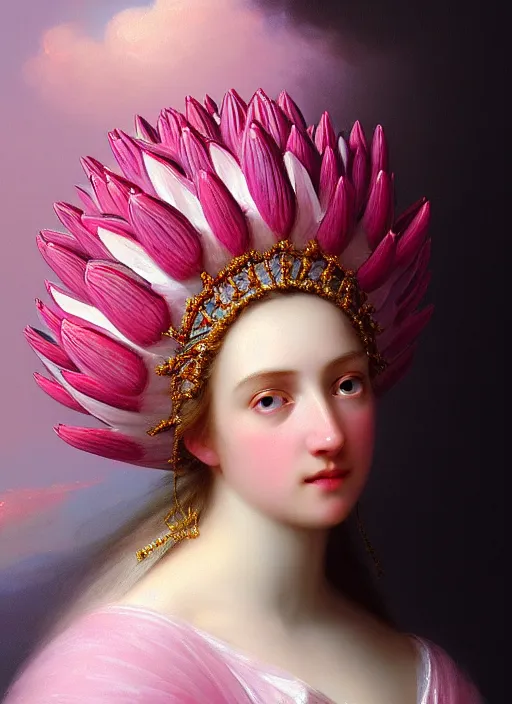 Prompt: stunning swedish godess princess, detailed pink and white protea head peace against a black backdrop by ivan aivazovsky, wlop, super sharp details, photorealism, 5 0 mm lens, oil painting, beautiful soft lighting, muted colours, artstation