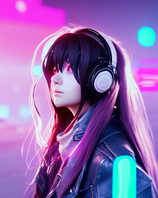 Image similar to beautiful portrait of a woman with pastel long hair with her eyes closed facing the camera centered with headphones on in the style of a code vein character, momo from twice in code vein in the style of WLOP, artgerm, yasutomo oka, rendered in unreal engine and redshift octane , background is surrounded by epic neon glitch effect digital art dynamic dramatic lighting, soft lighting, imagine fx, artstation, cgsociety, by Bandai Namco artist,