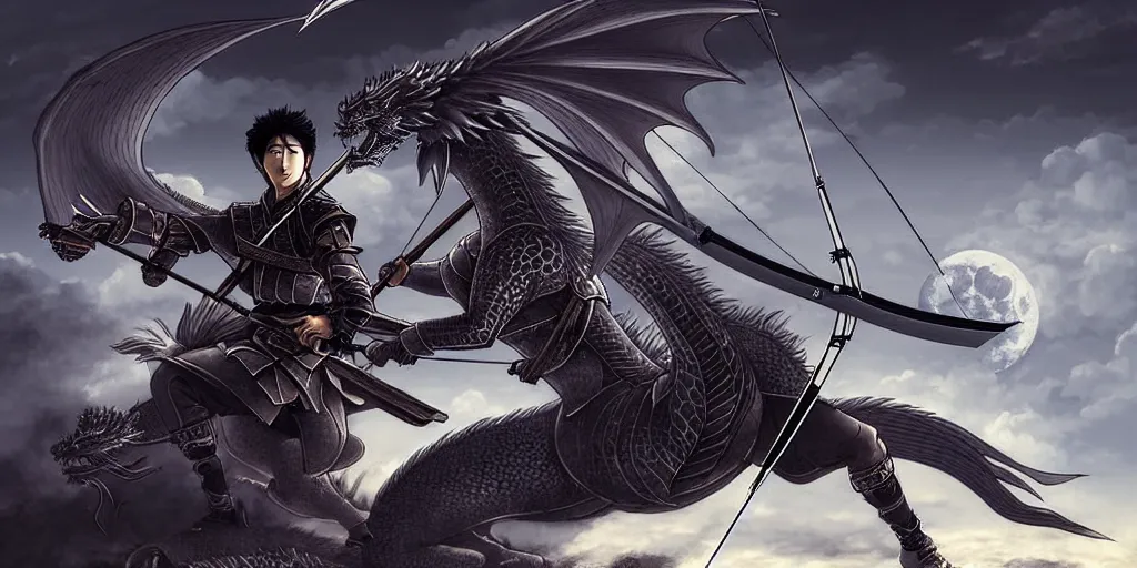 Image similar to korean archer wearing a helmet shooting an asian dragon. the moon is in the sky. there is a river. dark fantasy. high resolution. detailed. digital art. dark fantasy. kentaro miura.