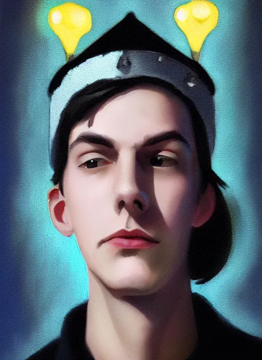 Image similar to portrait of teenage jughead jones wearing a light grey crown, crown, blue turtleneck, 1 9 5 0 s, closed eyes, photorealistic, black hair, glowing lighting, intricate, elegant, glowing lights, highly detailed, digital painting, artstation, concept art, smooth, sharp focus, illustration, art by wlop, mars ravelo and greg rutkowski