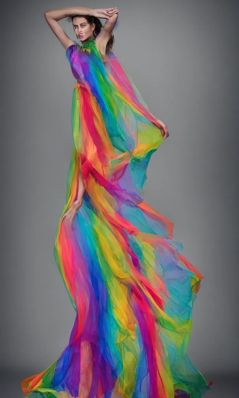 Prompt: full-length photo of a beautiful woman wearing a sheer rainbow dress, fashion photography