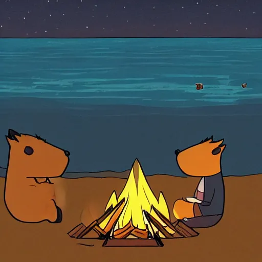 Image similar to capybaras camping on the seaside and one is playing guitar around the fire by yuga labs and by pendleton ward