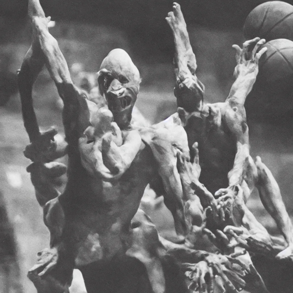 Prompt: nosferatu is playing basketball at the nba