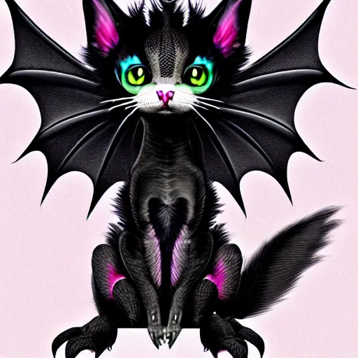 Image similar to an crossbreed between a dragon and a cat, black fur, black wings, fantastic animal, magical, very cute, adorable, charming, amazing details, bright colors, ultra high definition, photo, professional,