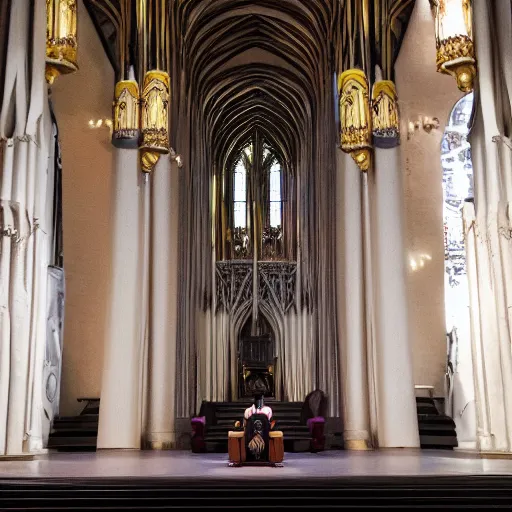 Image similar to man in large throne room of grand cathedral, sitting alone, shadows, fantasy, profile picture