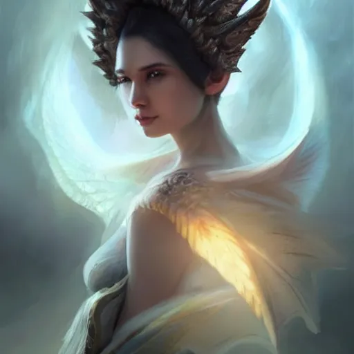 Image similar to Perfectly-centered portrait-photograph of a real life godly dragon with shining completely white eyes from heaven, lifelike, super highly detailed, professional digital painting, artstation, concept art, Unreal Engine 5, Photorealism, HD quality, 8k resolution, cinema 4d, 3D, beautiful, cinematic, art by artgerm and greg rutkowski and alphonse mucha and loish and WLOP