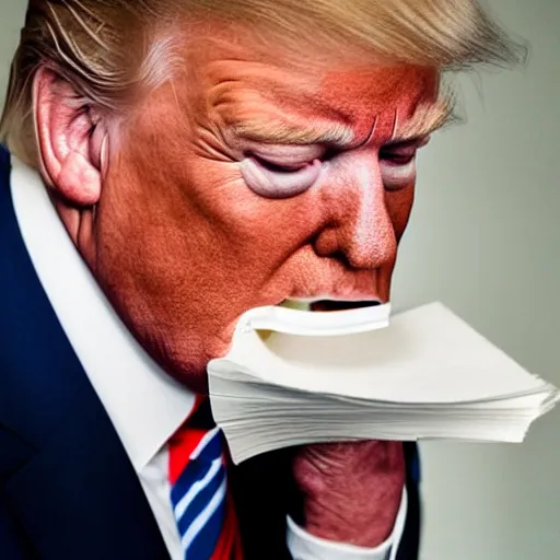 Image similar to candid portrait photo of president trump shoving a wad of paper into his mouth, eating stacks of paper, detailed portrait, 4 k, megapixel, sony a 7 s, f / 8, 2 4 mm lens, ap photo