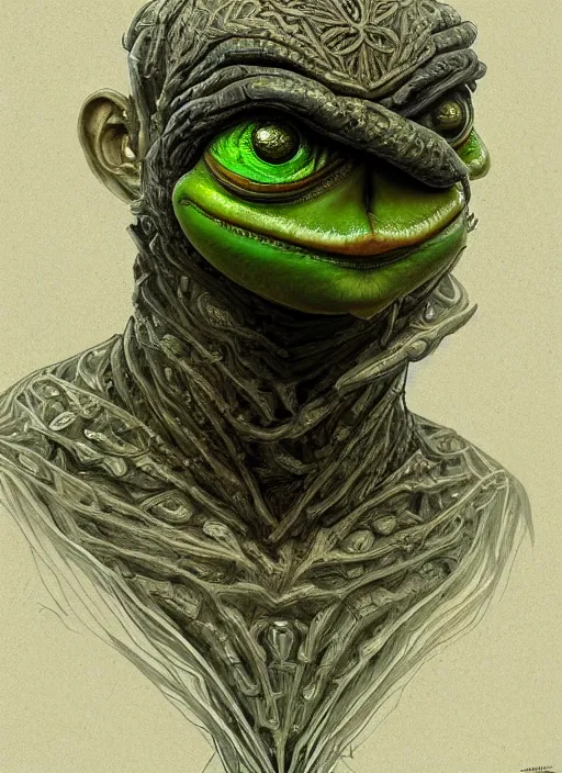 Image similar to 4 chan pepe, ancient sumerian god kek, sad, portrait, intricate, elegant, highly detailed, digital painting, artstation, concept art, wallpaper, smooth, sharp focus, illustration, art by h. r. giger and artgerm and greg rutkowski and alphonse mucha