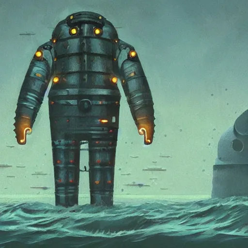 Image similar to Armored diving suit in the deep sea, by Simon Stalenhag