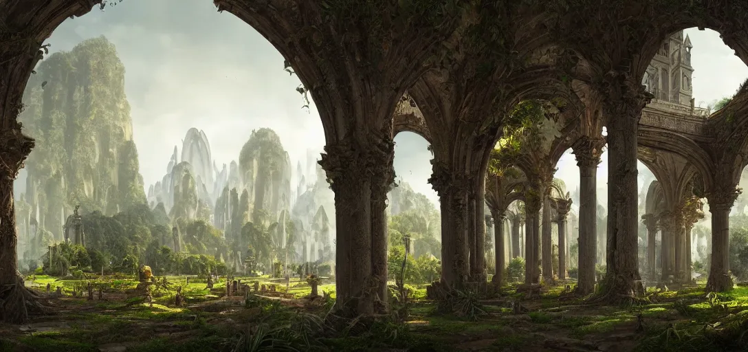 Prompt: gigantic palace, arches adorned pillars, towers, archways, gnarly trees, lush vegetation, forrest, landscape, raphael lacoste, eddie mendoza, alex ross, concept art, matte painting, highly detailed, rule of thirds, dynamic lighting, cinematic, detailed, denoised, centerd