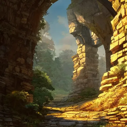 Image similar to concept art painting of an ornate ancient stone archway, in the woods, realistic, detailed, cel shaded, in the style of makoto shinkai and greg rutkowski and james gurney