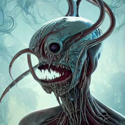 Image similar to whirling portrait of a twisting bloodied filigreed slime dripping genderless insect alien monster, muscles, rippling, space warping, ultra realistic, concept art, intricate details, eerie, highly detailed, photorealistic, octane render, 8 k, unreal engine. art by artgerm and greg rutkowski and alphonse mucha