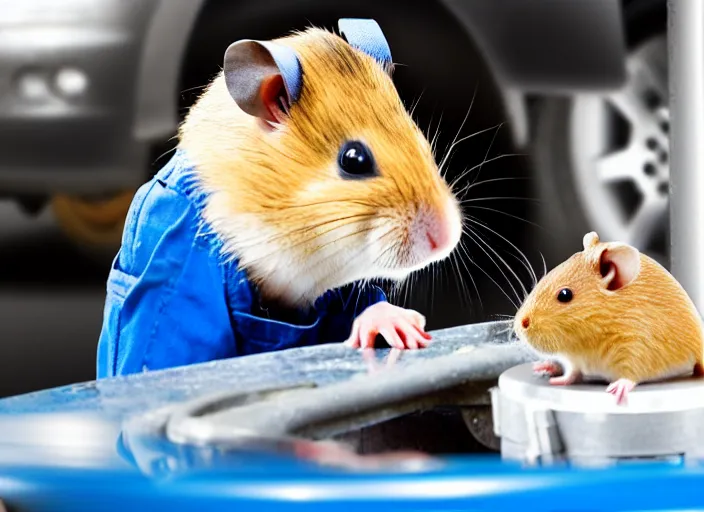 Image similar to film still of a hamster working as a mechanic in an auto shop, 8 k