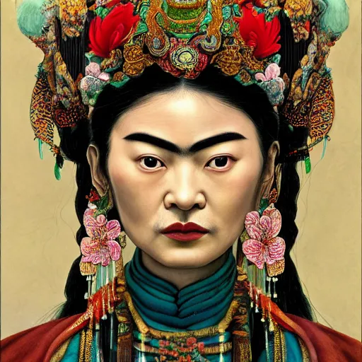 Image similar to ancient chinese goddess, luan bird, artstation, by frida kahlo, by yoshitaka amano, illustration, cinematic, closeup - view, cinecolor, insanely detailed and intricate, hypermaximalist, elegant, ornate, hyper realistic, super detailed, character design, symmetrical face