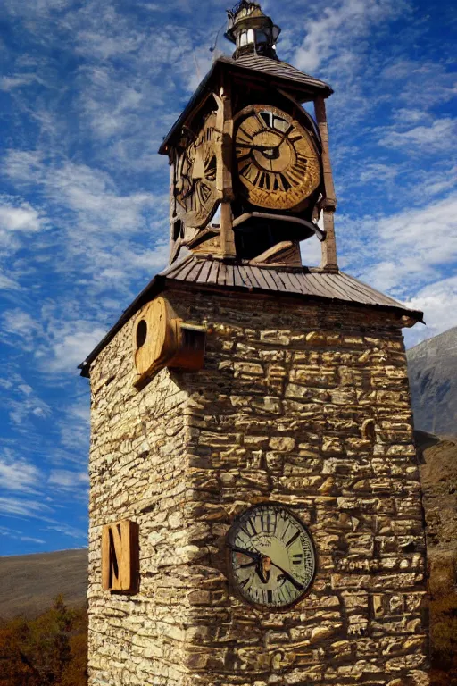 Image similar to the impossible clock tower on the top of a mountain, tower, building, steampunk, papyrus, parchment