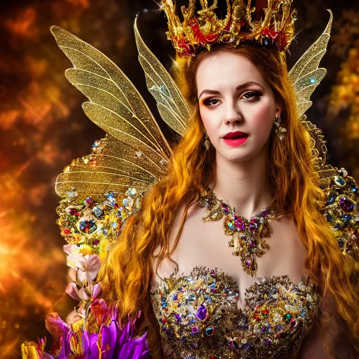 Image similar to full length photo of a very beautiful!! fairy queen with ornate sparkling robes, highly detailed, 4 k, hdr, smooth, sharp focus, high resolution, award - winning photo