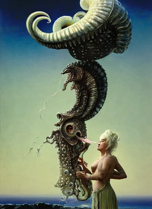 Image similar to cinematic portrait photo of the half ammonite dark crystal skeksis white haired retro woman with wet hair dressed in mother of pearl armor, biting into a juicy squid snack!!!!!!, ryden, kawase hasui, dorothea tanning, edward hopper and james gilleard, aivazovsky, beksinski, outram, artstation