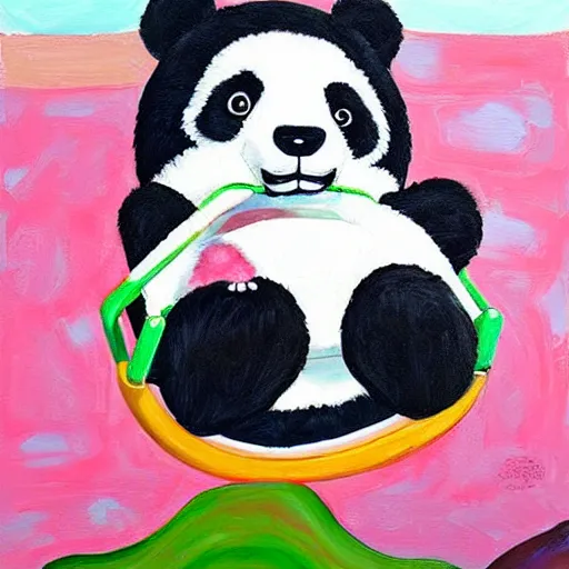 Image similar to beautiful and adorable and cute acrylic! impasto! painting of a sad, crying panda bear on a playground swing. by jeremiah ketner and studio ghibli