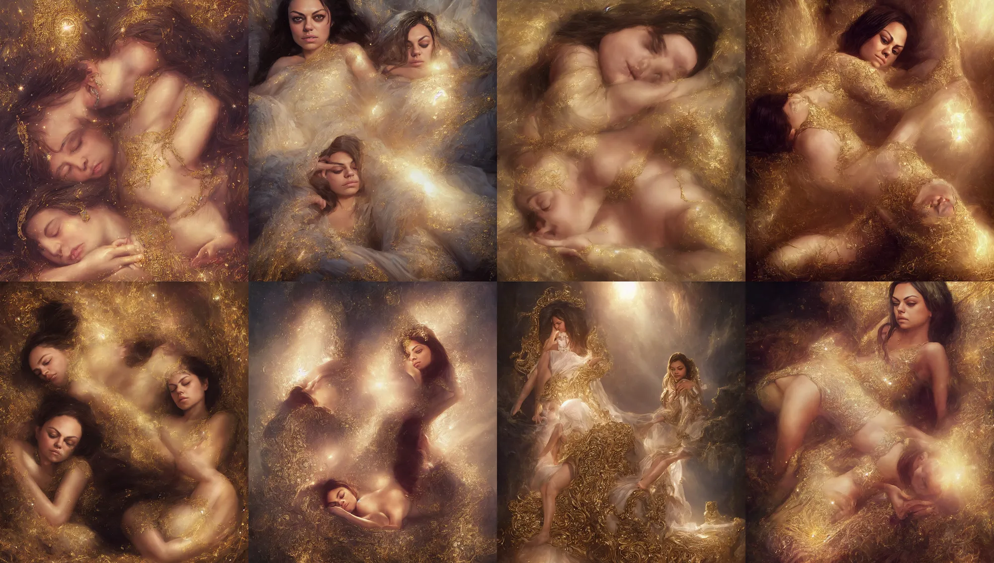 Prompt: close portrait of mila kunis as a little princess sleeping on her throne, intricate, gold glow, diamond prisms, morning sun - rays, wlop, greg rutkowski, steve argyle, ilya kuvshinov, rossdraw, daniel f. gerhartz,