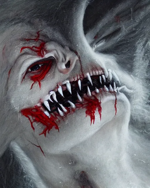 Image similar to Horrifying detailed painting of a pale, emaciated humanoid creature. It has sharp teeth and claws with pale milky eyes; snow, woods, blood; dark cinematic lighting, hyper detailed, moody