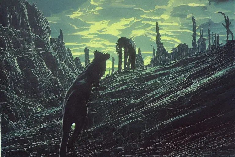 Image similar to chrome panther, metallic, contrasting neon light, volumetric lighting, by caspar david friedrich and wayne barlowe and ted nasmith