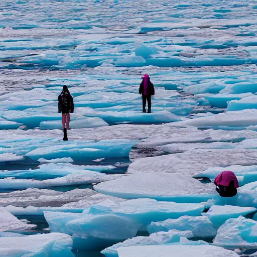 Prompt: a lot of people in swimsuit on the pack ice, telephoto vacation picture