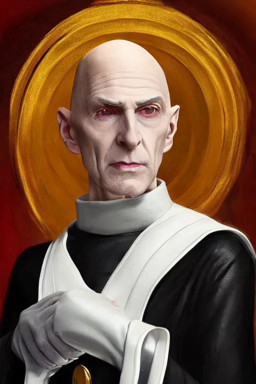 Prompt: a bald pale sorcerer in his late nineties. stately and dour in his expression. eyeliner accentuates his sunken eyes. a high black turtleneck covers his thin neck. opulent white golden red robe. white leather gloves with gold decoration, sharp focus, illustration, digital painting, art by magali villeneuve