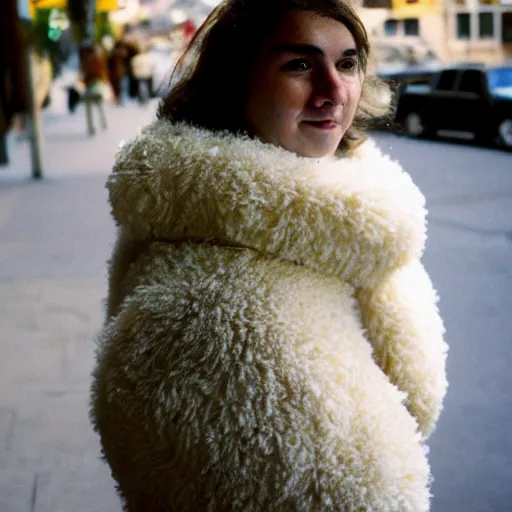 Prompt: portrait of a womans face, age 2 0 in a fluffy sheep costume, outside theatre, street photography by steve mccurry, 5 0 mm f / 1. 4