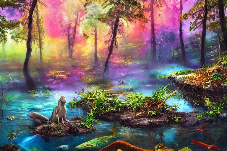 Prompt: highly detailed oil painting of a reptile sitting in a steaming colorful hotspring with woodland forest backdrop, featured on artstation