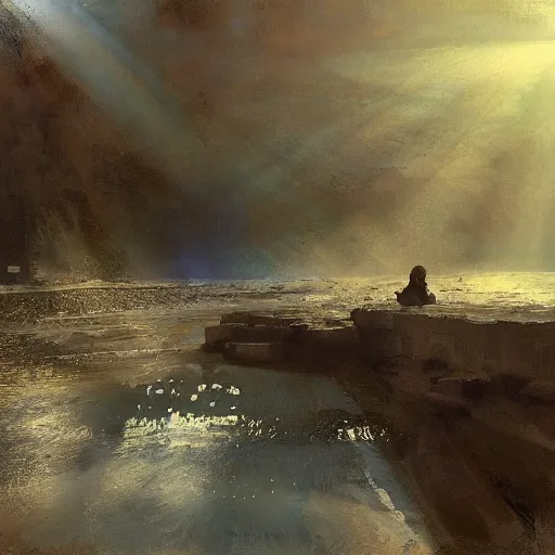 Image similar to painting of Christ coming up from beneath the water in the Jordan River, his eyes fixed toward the sky, his mouth agape, the sky is dark with god rays filtering through in the distance, a crowd looks on in silence in the far background, by Jeremy Mann, stylized, detailed, realistic, loose brush strokes