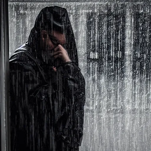 Image similar to a man in a black raincoat looking longingly outside at a torrential downpour of rain, moody lighting