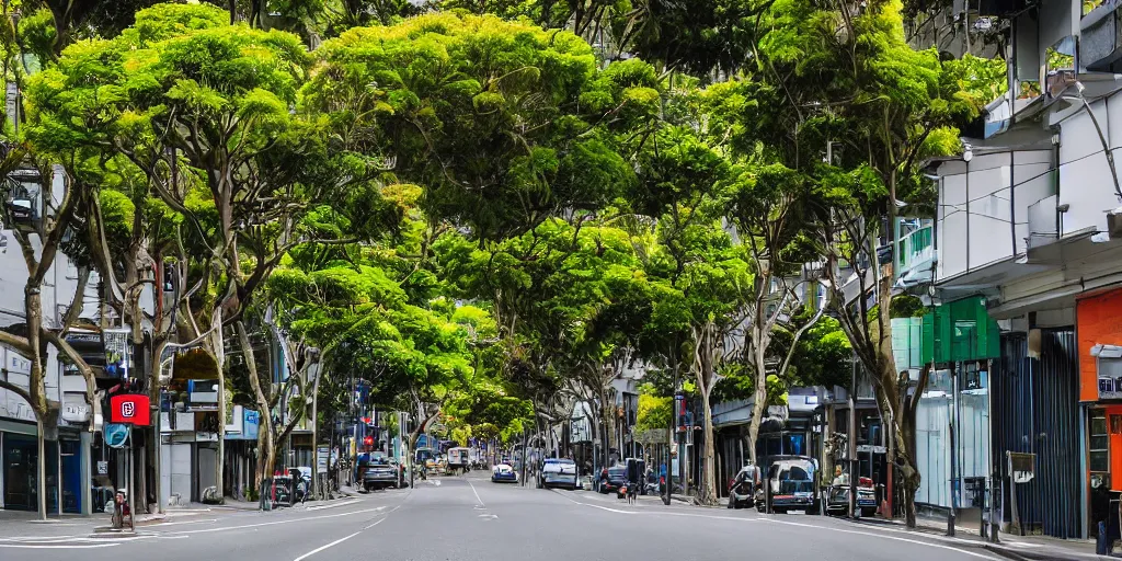 Prompt: photo of a city street in wellington, new zealand but the buildings are interspersed with enormous ancient nz endemic podocarp rimu trees full of epiphytes with birds perching amongst the leaves.