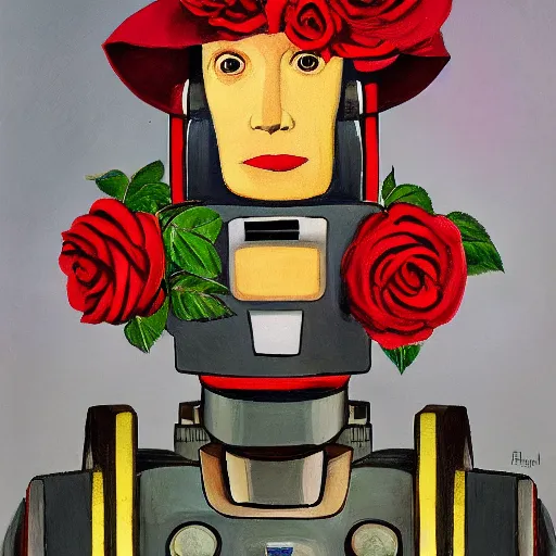 Image similar to a portrait of a robot wearing a hat full of roses, by Otto Eerelman