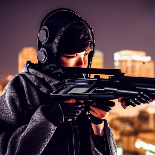 Image similar to photographic portrait of a techwear woman holding a shotgun, closeup, on the rooftop of a futuristic city at night, sigma 85mm f/1.4, 4k, depth of field, high resolution, 4k, 8k, hd, full color