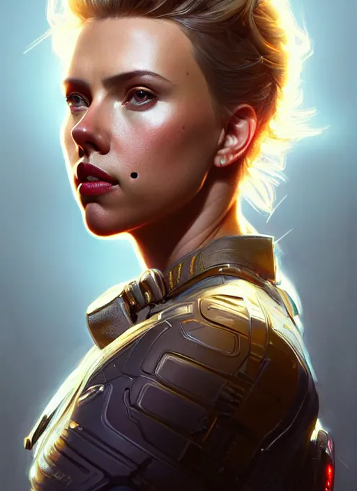 Image similar to portrait of apex legends scarlett johansson, intricate, elegant, glowing lights, highly detailed, digital painting, artstation, glamor pose, concept art, smooth, sharp focus, illustration, art by artgerm and greg rutkowski, artey freytag