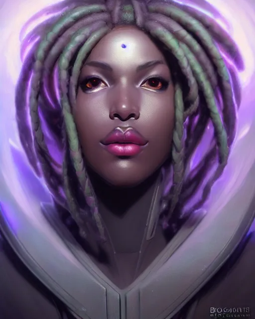 Image similar to sojourn from overwatch, bust, dreadlocks, gray hair, cyborg eyes, fantasy, fantasy art, fantasy, colorful, elegant, character portrait, portrait, close up, highly detailed, intricate detail, amazing detail, sharp focus, vintage fantasy art, vintage sci - fi art, radiant light, caustics, by boris vallejo