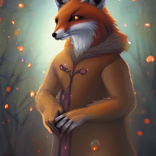 Image similar to portrait of a medieval anthropomorphic fox in a forest at night with fireflies, trending on artstation, furry art, by kawacy, night lighting, digital art, dreamy, bokeh