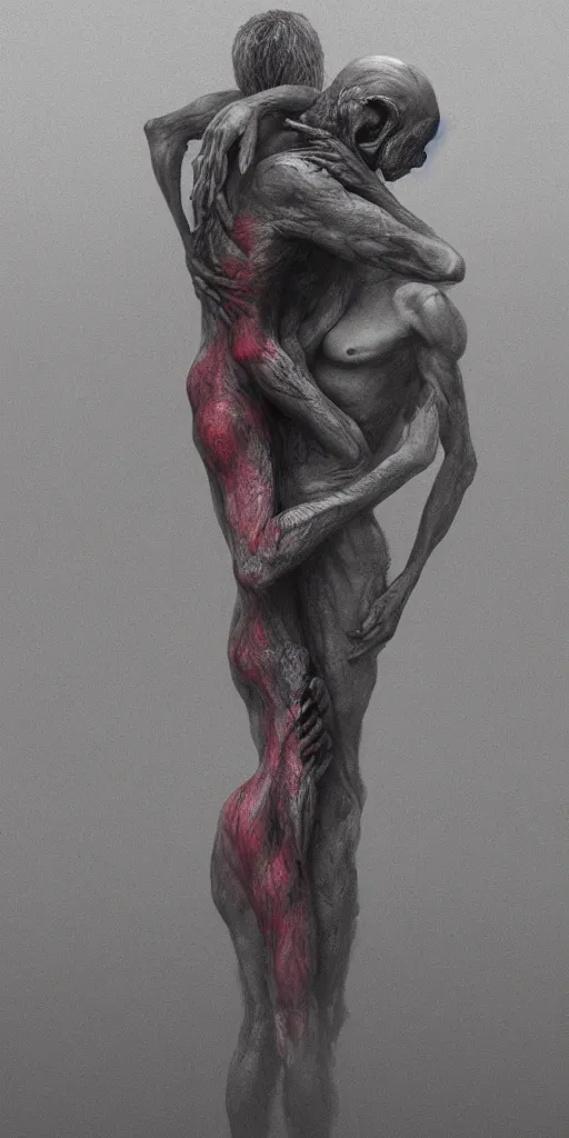 Image similar to death man and women hugging, in the style of keith thompson and zdzislaw beksinski, artstation hd, 8 k, surrealistic digital artwork