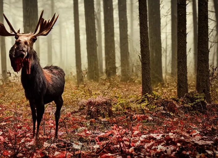 Prompt: an award winning photo of an! undead!!! zombie!! moose with red eyes, full body portrait, decay, mold, evening!! in the forest, 4 k, wildlife photography, high quality, national geographic