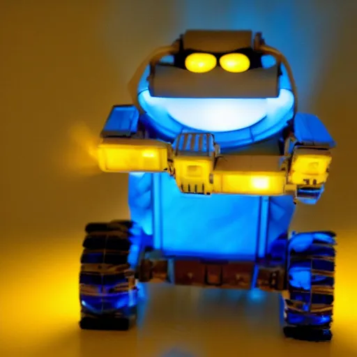 Image similar to photo of wall - e, blue and yellow glowing lights, dark, highly detailed