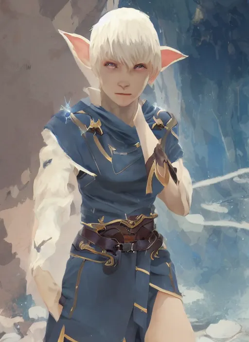 Image similar to concept art painting of a woman with brown skin and short white hair, demon horns, elf ears, full clothing, blue clothes, robes, detailed, cel shaded, in the style of ruan jia and artgerm and makoto shinkai and james gurney