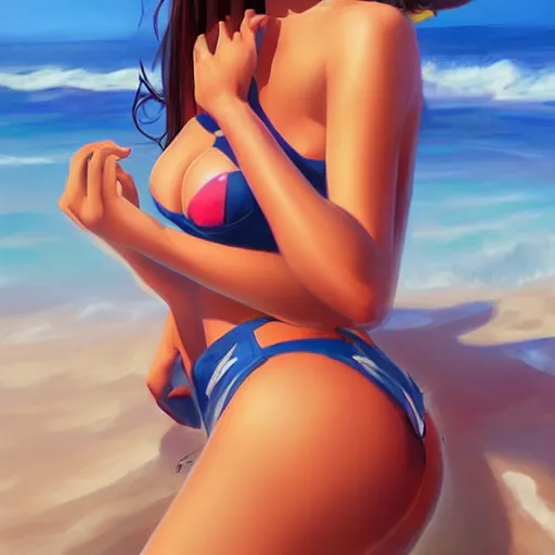 Prompt: beautiful gamer girl in daisy dukes on the beach making eye contact drawn by artgerm