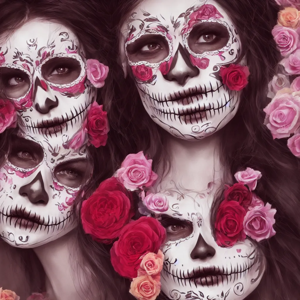 Prompt: a cute young woman, dia de los muertos makeup, day of the dead outfit, decorative roses, by wlop and greg rutkowski, octane render, trending on artstation, hyperdetailed face, cinematic, hyper realism