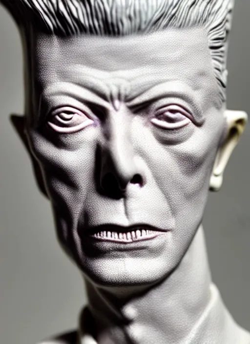 Image similar to David Bowie , A Close up photo-real delicate ceramic porcelain sculpture of a symmetrical ornate detailed in front of an intricate background by Victo Ngai and takato yamamoto, micro detail, backlit lighting, face in focus, subsurface scattering, translucent, thin porcelain, octane renderer, colorful, physically based rendering, japanese pottery, trending on cgsociety